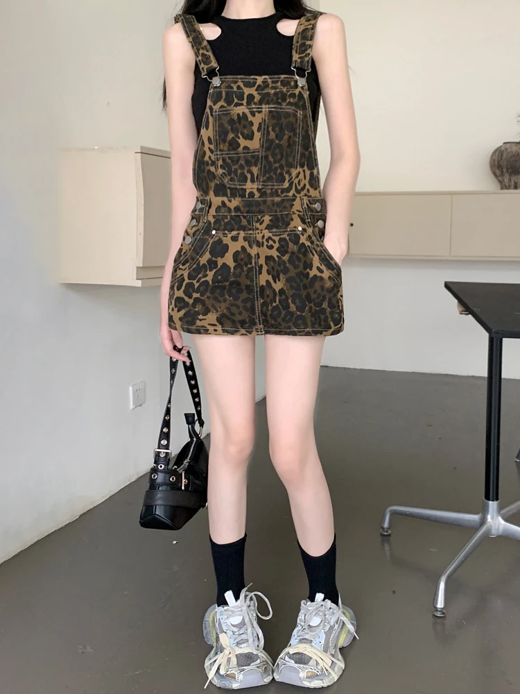 

S-3XL Washed Leopard Women Denim Suspenders Shorts Mini Dress Skirt Street Vintage Loose Baggy Jeans Short Pants 2024 Summer New