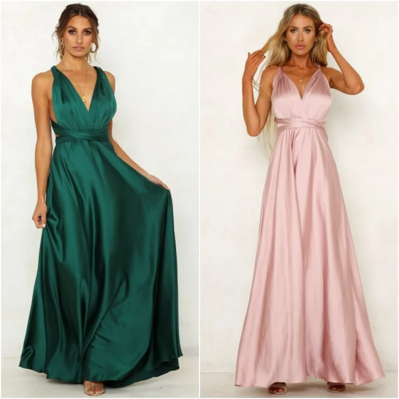 Sleeveless Backless Sexy  Evening Dress Fashion High Waist Satin V-neck Woman Dress Elegant Party Wedding Formal Dresses 26531