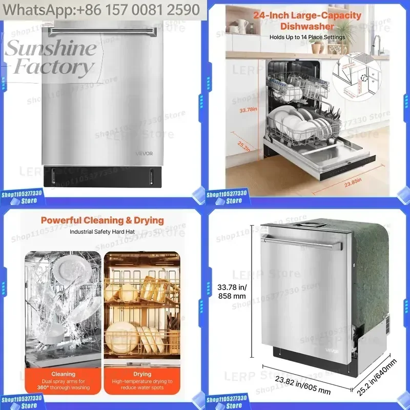 24-Inch Built-In Dishwasher Stainless Steel Tub Full-Integrated Control 14 Place Settings 8 Washing Programs Upper/Lower