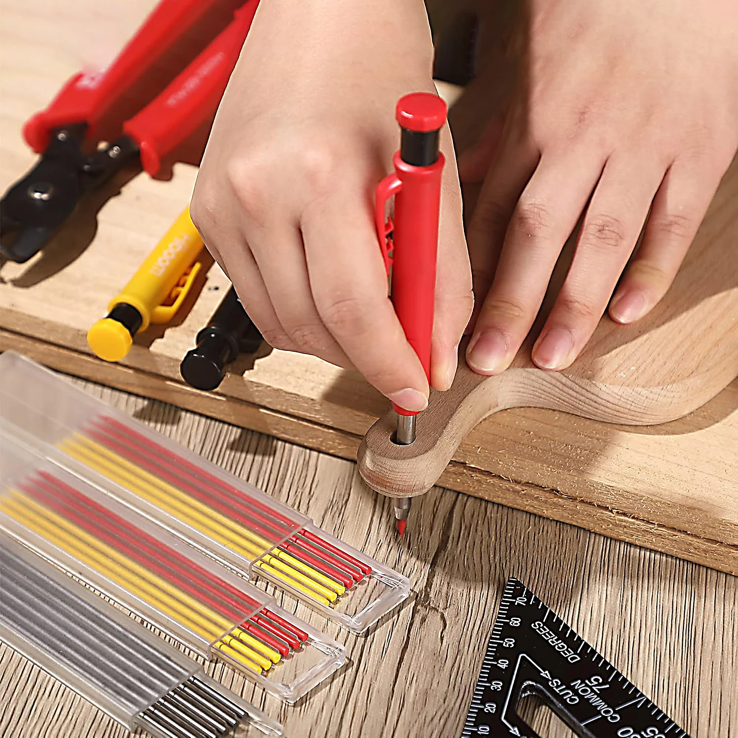Woodworking Scribing Pen with Built-in Sharpener and Refill Lead Professional Deep Hole Marking Adjustable Pencil Tool