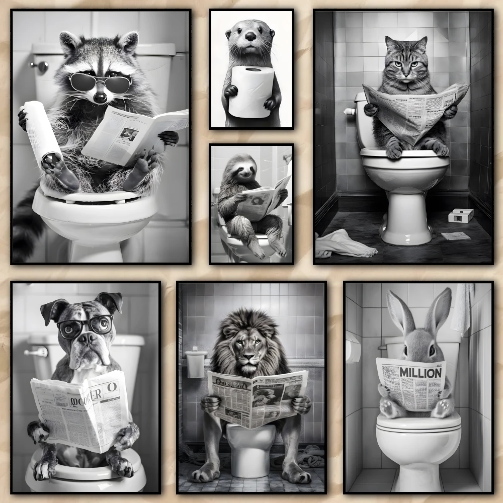 Image of Lustiges Badezimmer, humorvolles Tiergemälde, Kalligraphie, HD-Leinwandposter, Wohnzimmer, Schlafzimmer, Bar, ästhetische Dekoration