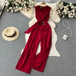 Summer Women Long Jumpsuits V Neck Sleeveless Belt Design Zipper Loose Wide Legs Pants 2024 New Fashion OL Bodysuits