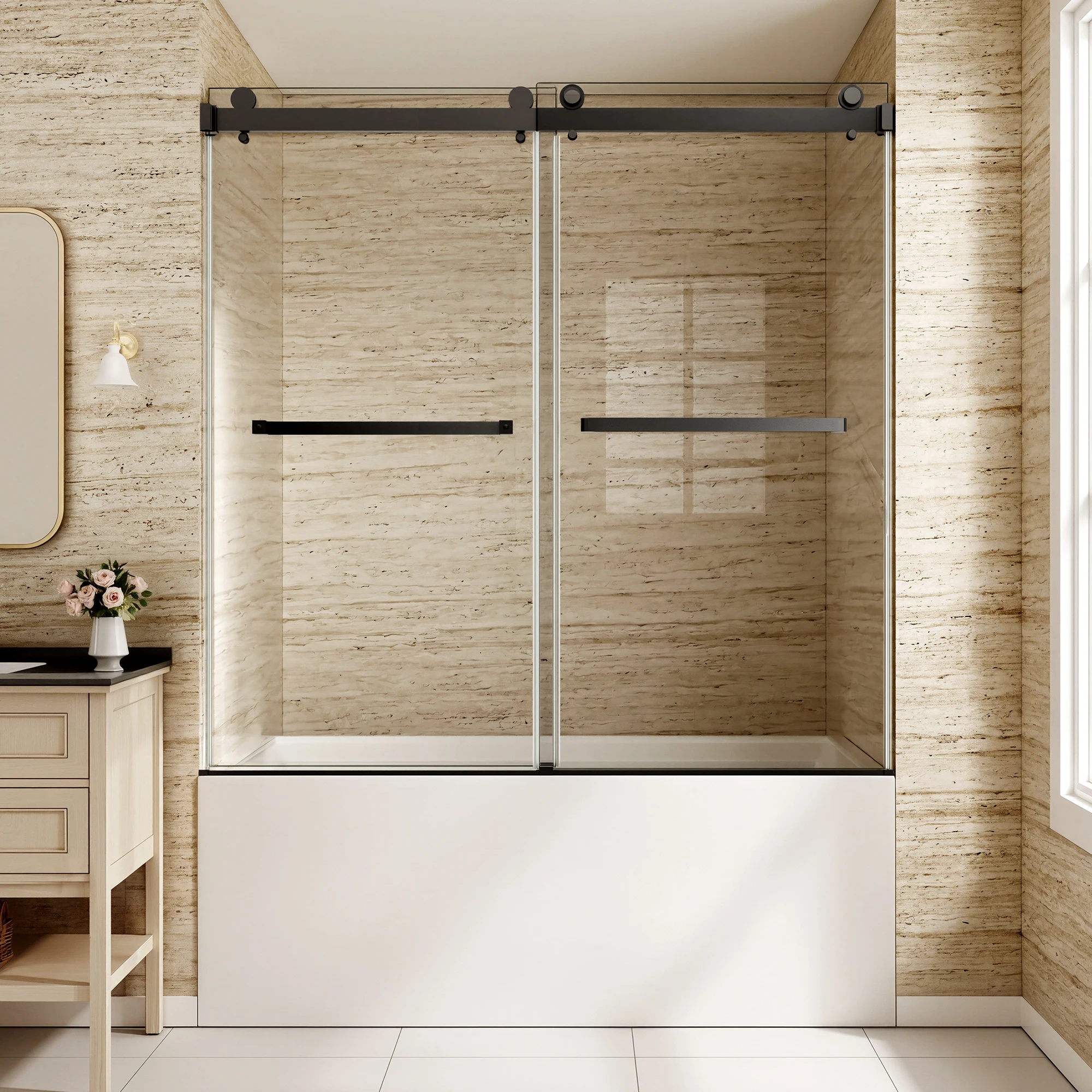 

60" W x 60" H Matte Black Frameless Double Sliding Shower Door, Bathtub Door, 5/16"(8mm) Tempered Glass, Explosion-proof Film