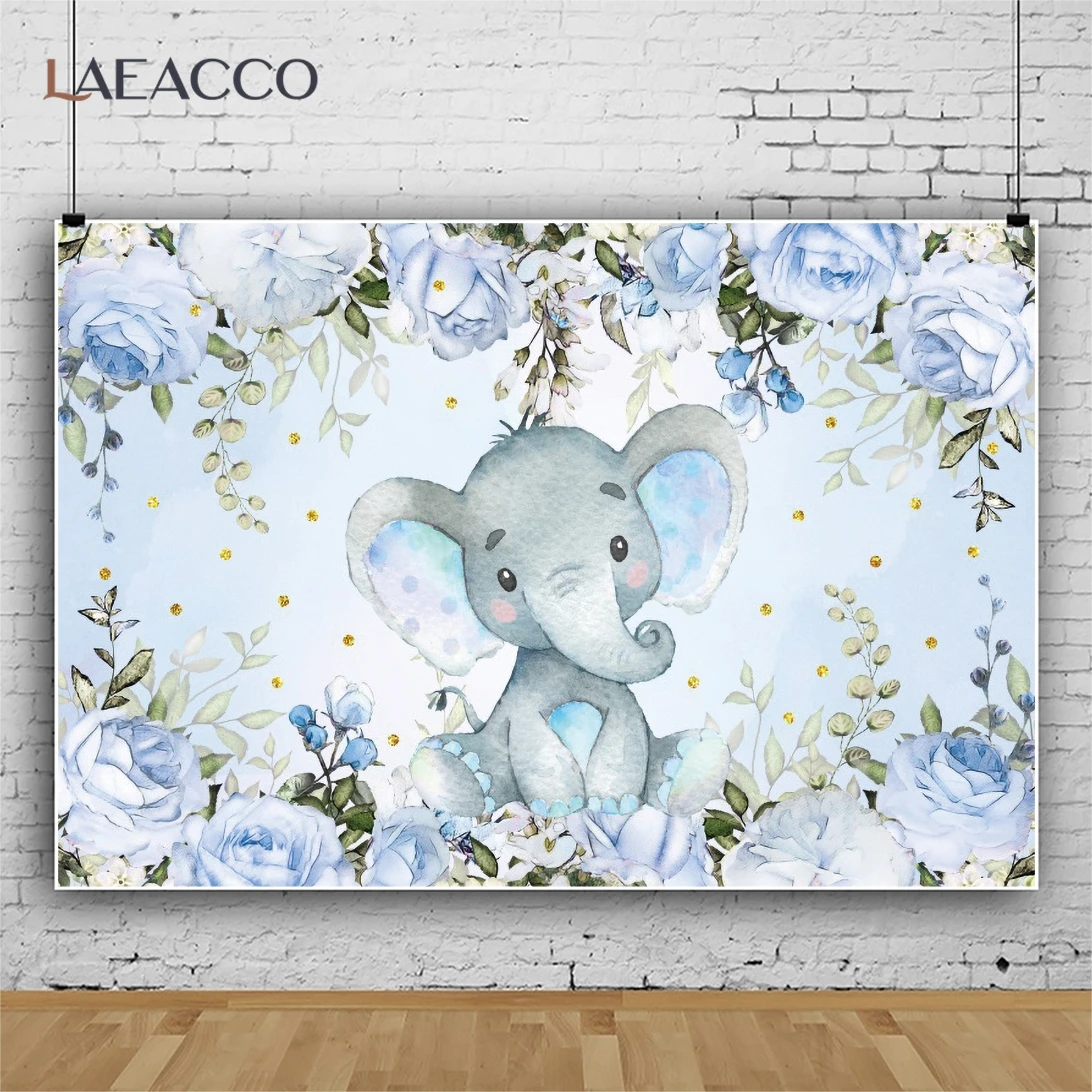 Custom Blue Leaves Watercolor Flowers Baby Elephant Birthday Photographic Background Banner Photography Backdrops Decor Props