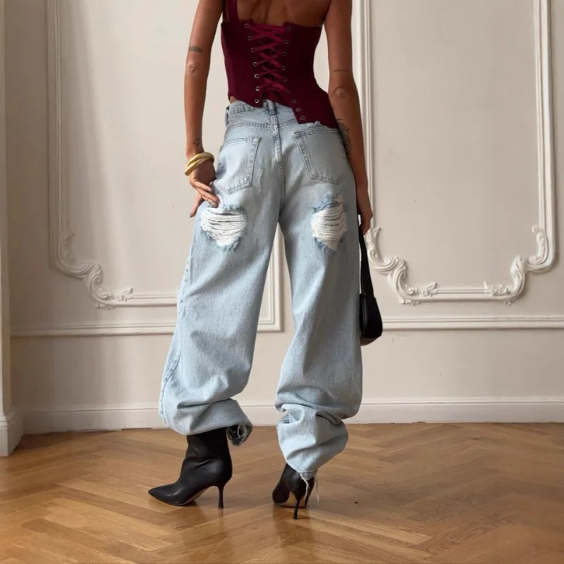 

Hot Girl Style Versatile Ripped Jeans for Women Spring Summer Vintage Light Blue