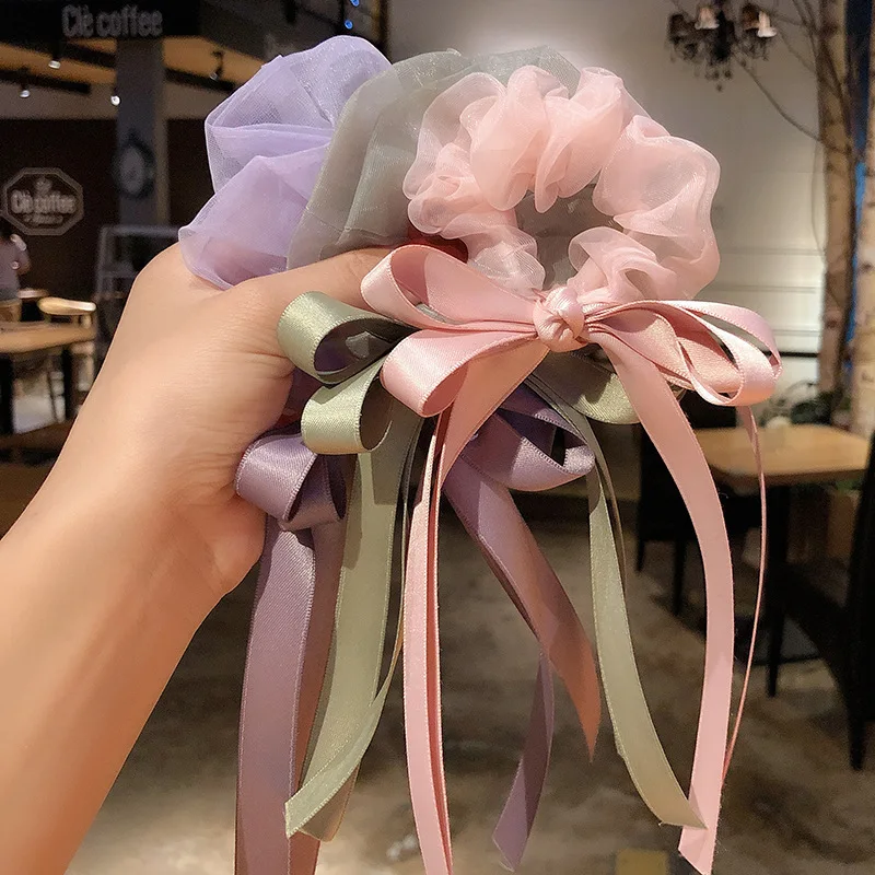 

Mesh Large Intestine Hair Band Head Ring Ballet Light Yarn Silk Satin Bow Tied Hair Rubber Band Headband Sweet Cool Style