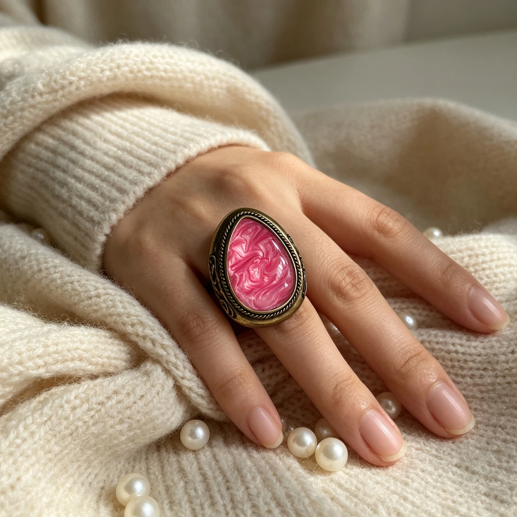 Retro Antique Bronze Teardrop Pink Swirl Enamel Statement Ring Twisted Rope Frame Large Oval Marble Pattern Finger Ring Jewelry