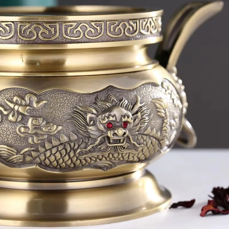 Alloy Dragon Embossed Incense Burner Retro Home Tea Room Religious Worship Censer Craft Furnishing Double Ear Beast Ring Carved