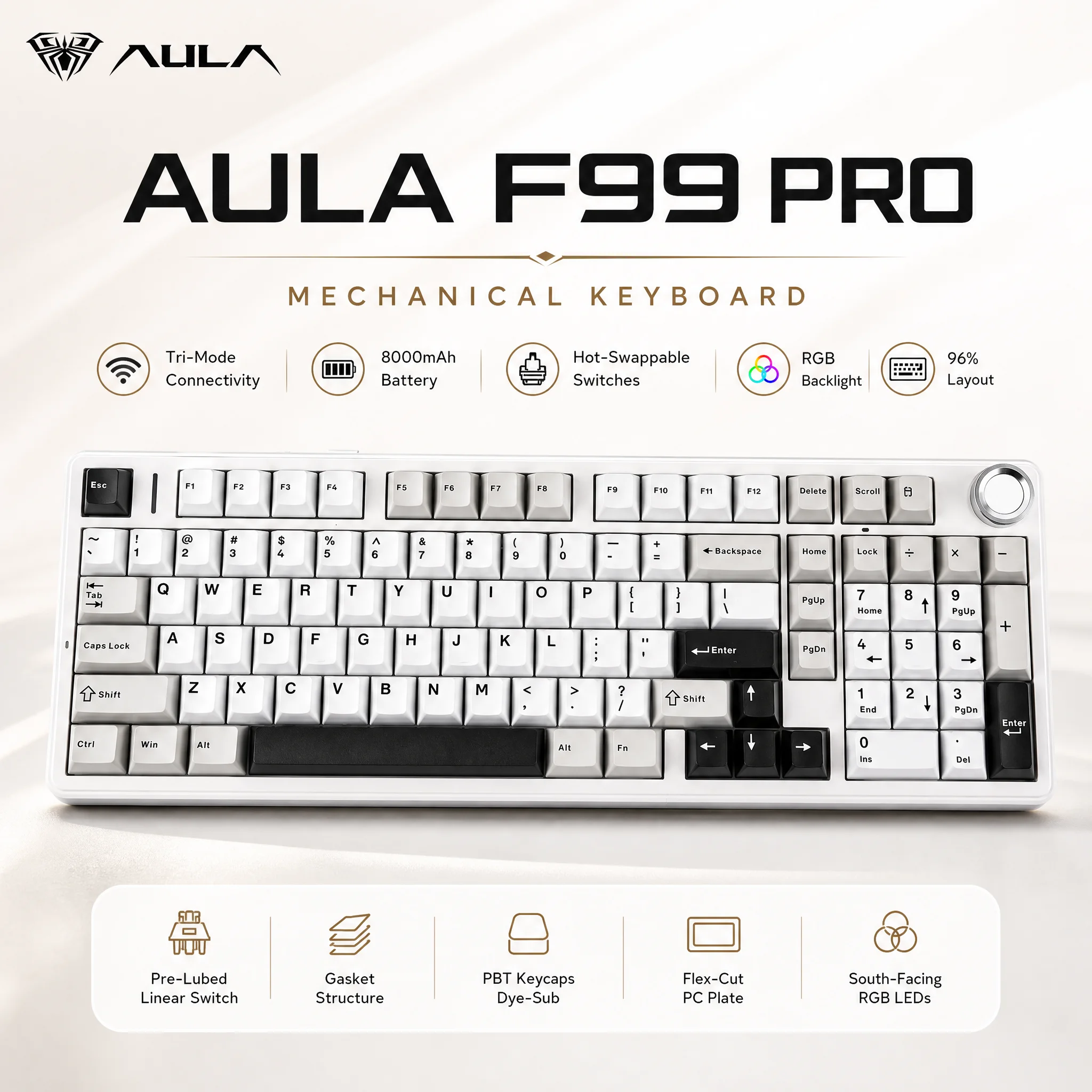 

AULA F99 96% Wireless Mechanical Keyboard, Double-shot Dual-Tone PBT Keycaps, Full Numpad 8000mAh, Gasket Hot-Swap, Creamy RGB