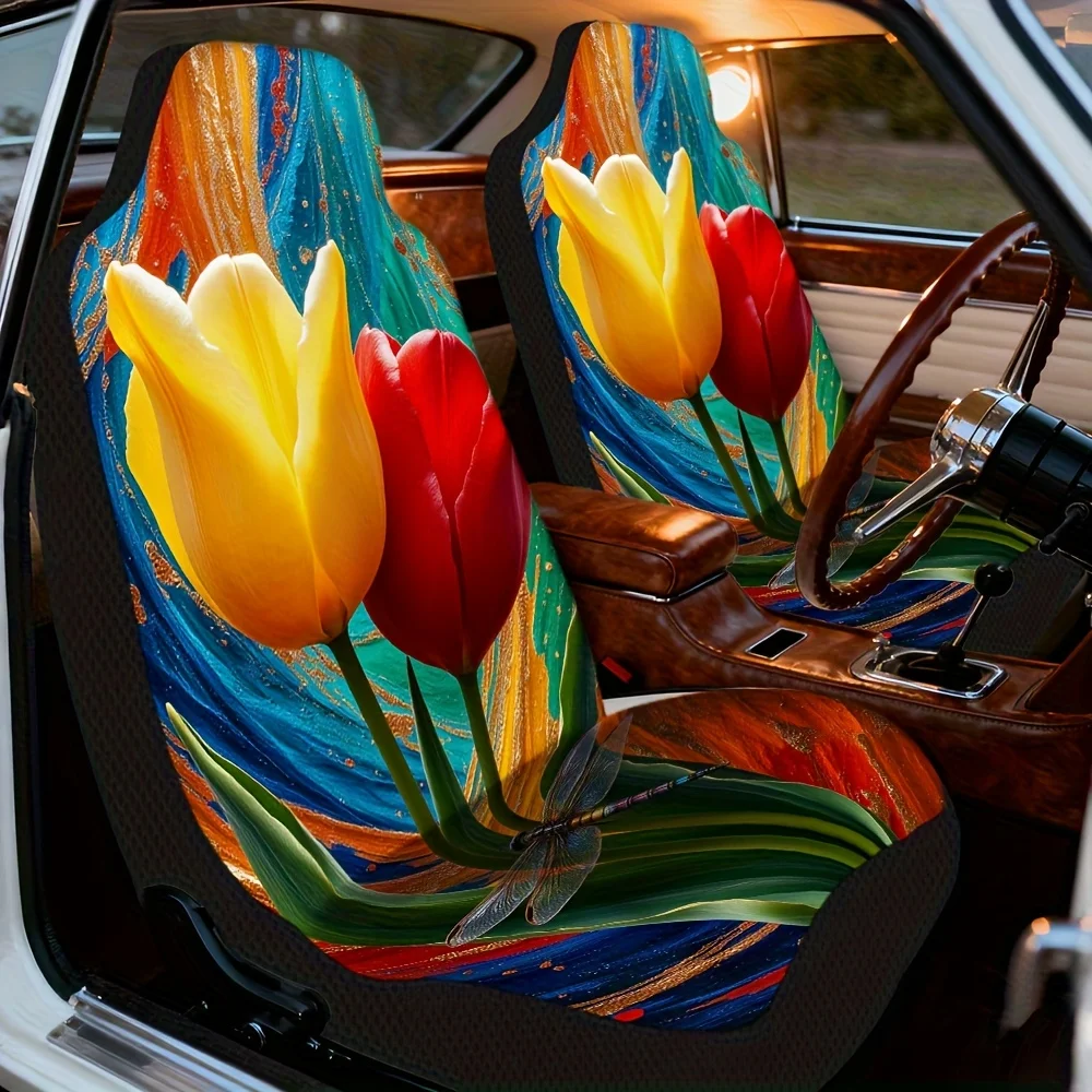 2pcs, Decorative Dragonfly Tulips Colorful Floral Pattern Auto Seat Covers, Universal Washable Fabric, Enhances Vehicle With Bea