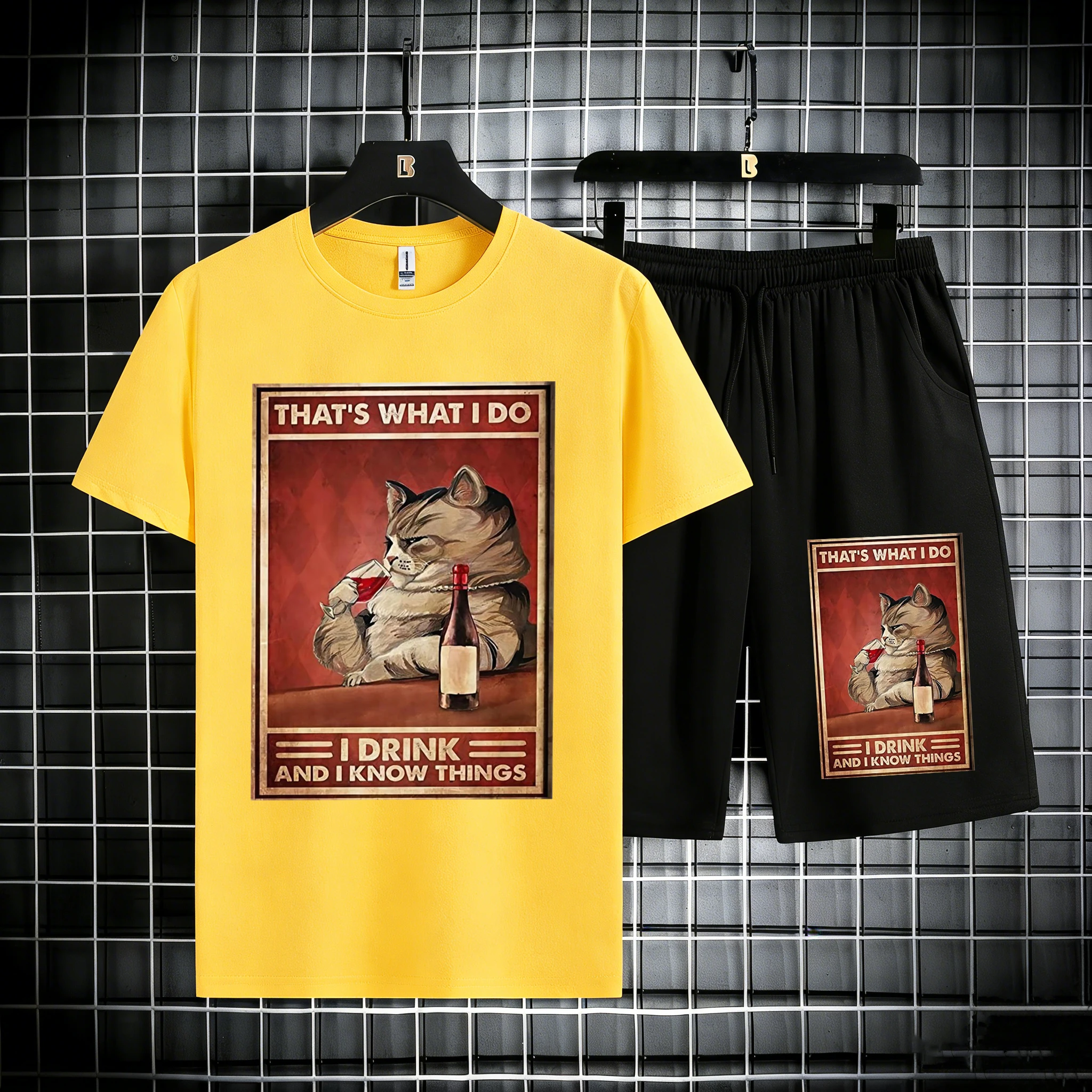 

Cat That Is What I Do Pattern Summer Cotton Daily T-Shirt Set Men Street Loose Sportswear Oversized Gym Shorts Casual Breathable