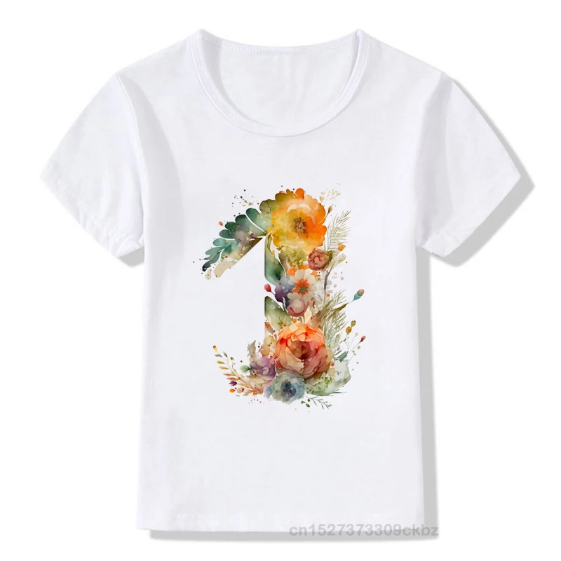 

Personalized Peony Flower 1-9 Birthday Numbers Design Printed Children's T-shirt Girls Summer Colourful Short sleeved Tops