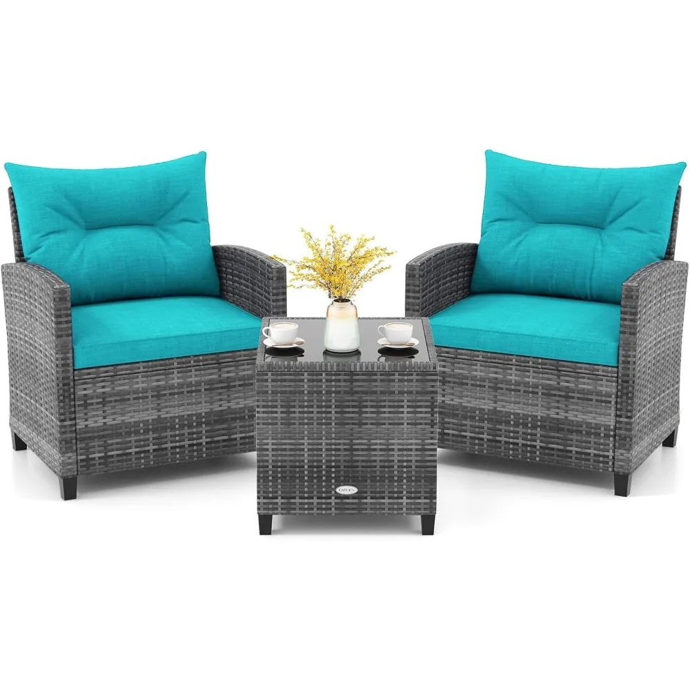 

3-piece terrace furniture set, outdoor PE rattan dialogue set, with washable mat and tempered glass tabletop