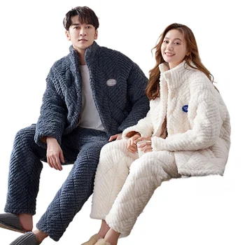 남녀공용 커플 잠옷, 두꺼운 벨벳, 3 레이어 누비 이불, 남성 가정 속옷 의류, 2PCs 잠옷 세트, 2024 겨울  Best5