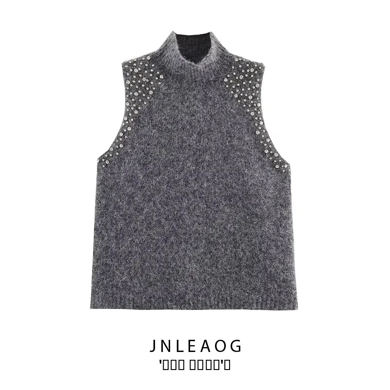 JNLEAOG خريف جديد للمرأة Faion الصوف مزيج مجوهرات حبة مزينة أعلى جولة Ne البلوز ألياف البوليستر مزيج سترة #1