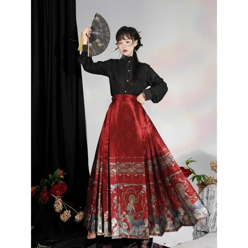 Chinese Stand Kraag Zwarte Jacquard Top Imitatie Make-up Bloem Paard Gezicht Rok Hanfu Vrouwen Ming-dynastie Prinses Kostuums