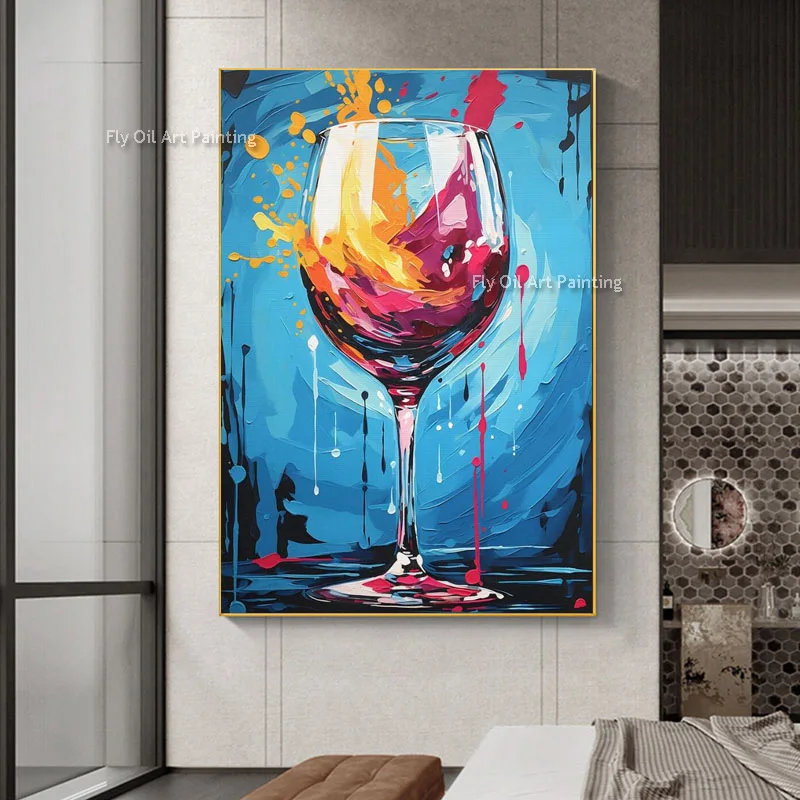 

Большой бокал для вина, холст, картина ручной работы, синий, красный бокал для вина, абстрактная картина маслом для украшения дома, подарки для близких
