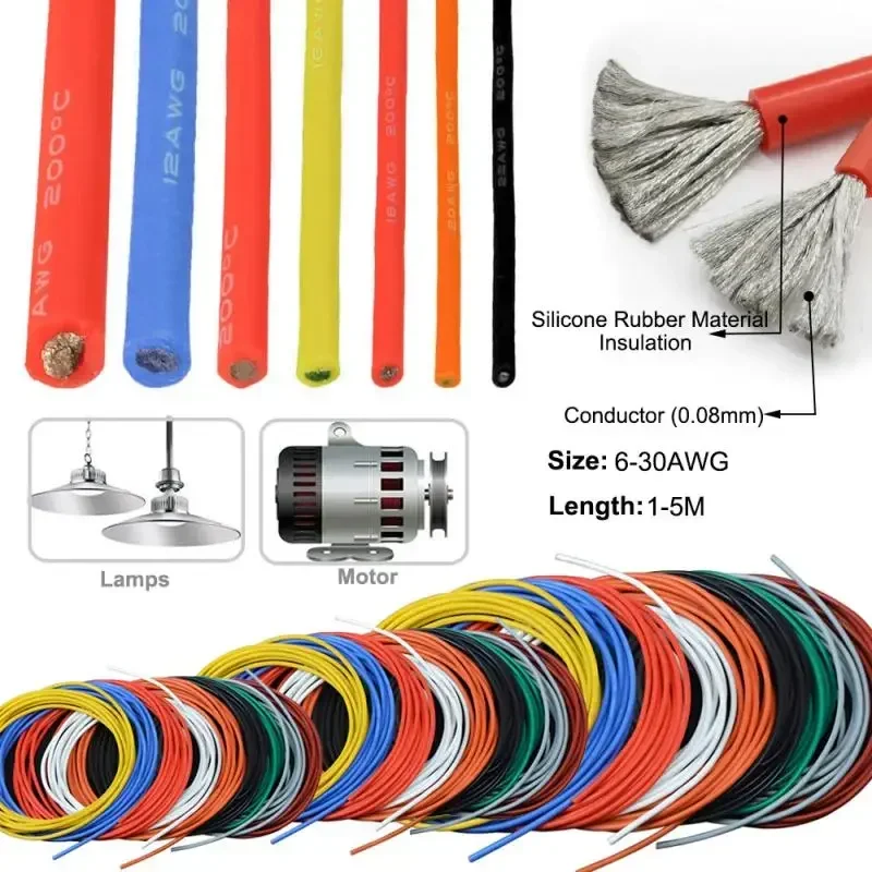 

5/10 meters 0.08mm UL Wire Silicone Insulation Tinned Coppers 10-30 AWG High Temperature Resistant Cable Line