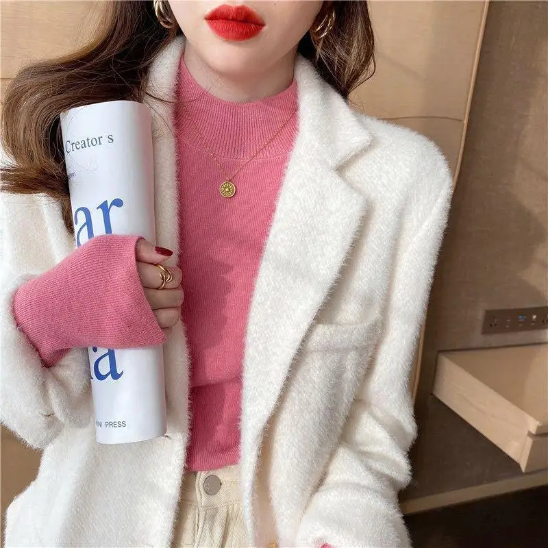 Blue Semi High Neck Knitted Sweater with Women's Autumn and Winter Base Layer, 2025 New Slim Fit Long Sleeved Mid Neck Top