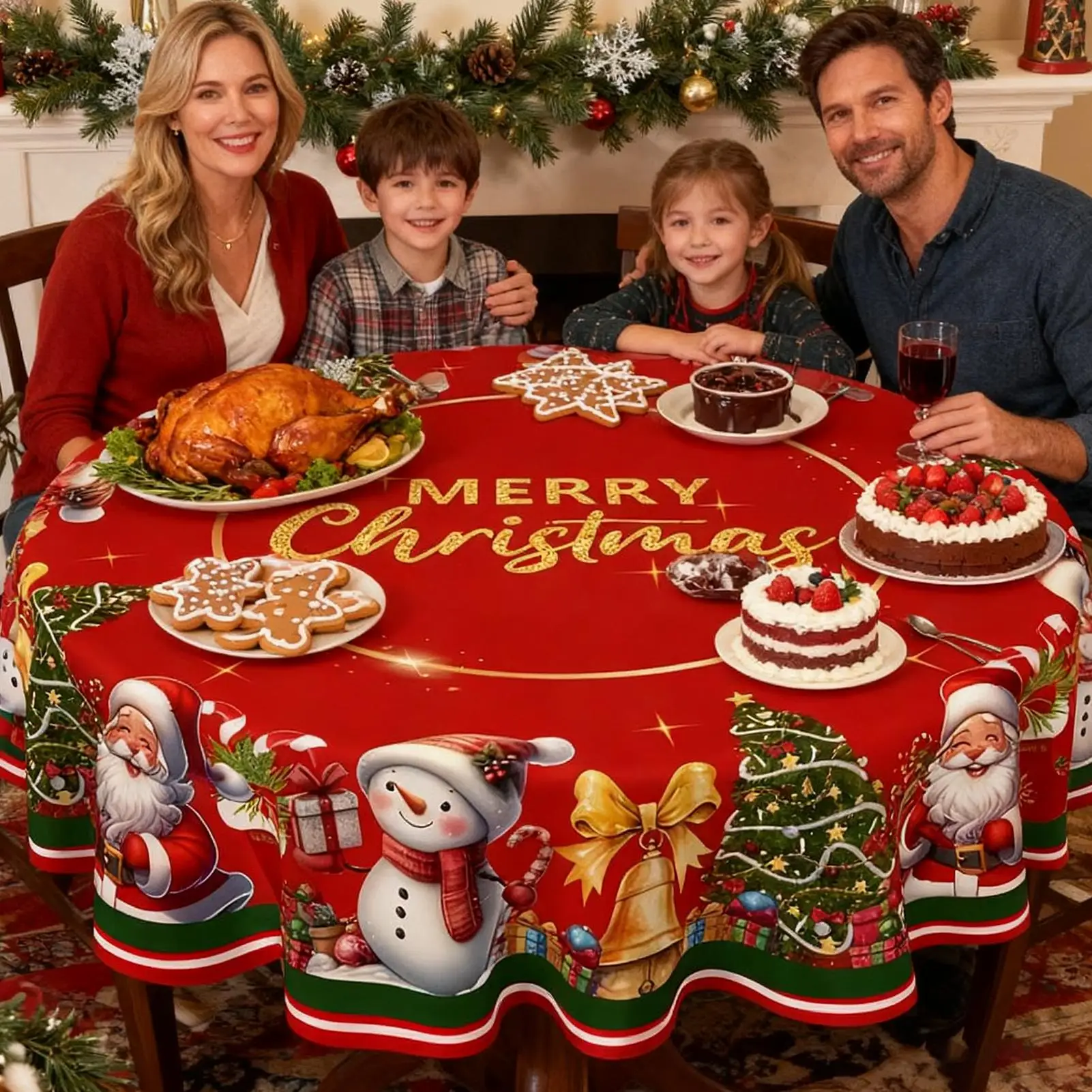 

150/180cm Christmas Snowman Circular Tablecloth Vintage Polyester Red Cover Protector Christmas Tablecloth Protector Cover