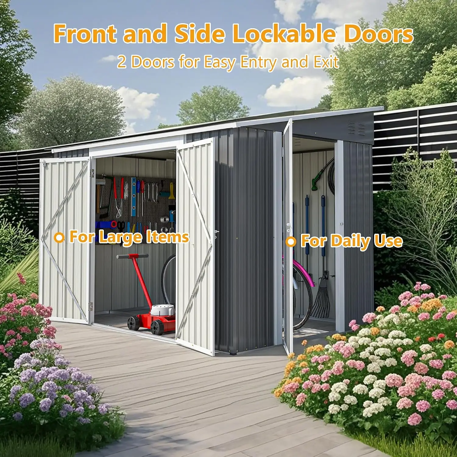 Metal Outdoor Storage Shed with Floor Frame, Tool & Lawn Mower Shed with Lockable Doors for Garden Backyard Patio, Waterproof Le