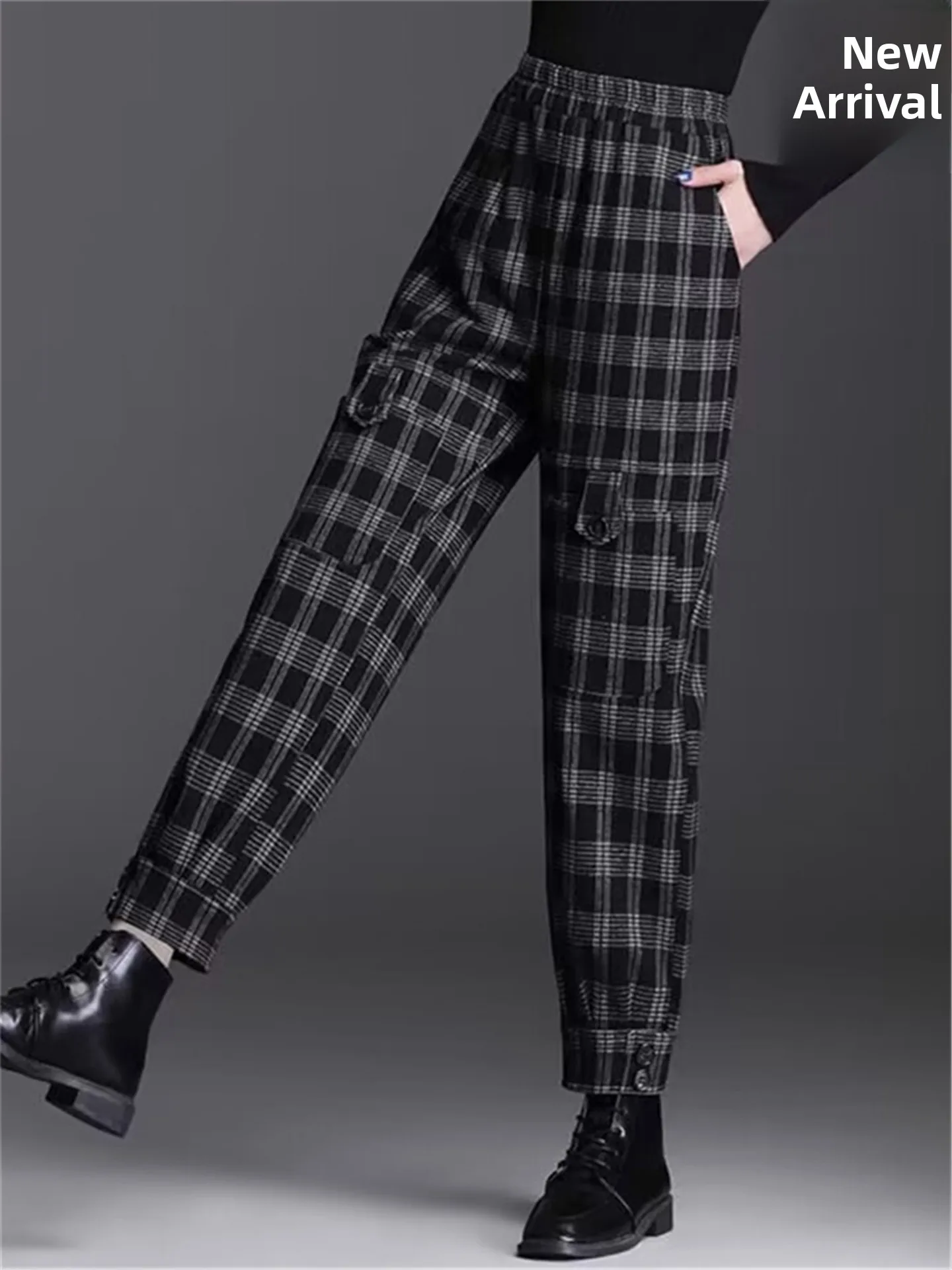 High Waist Tweed Plaid Harlan Pants Women's Autumn Winter New Style Casual Slimming Warmth Cuffed Wide Leg Short Pants