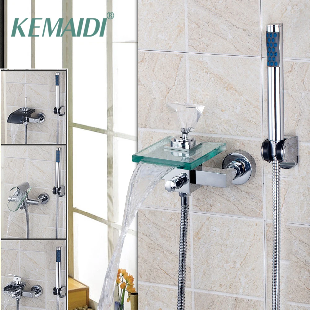 

KEMAIDI Bathroom Tub Faucet Diamond Handle Glass Waterfall Spout Mixe Tap with Hand Shower Wall Mount Bath Faucets Bathtub Tap