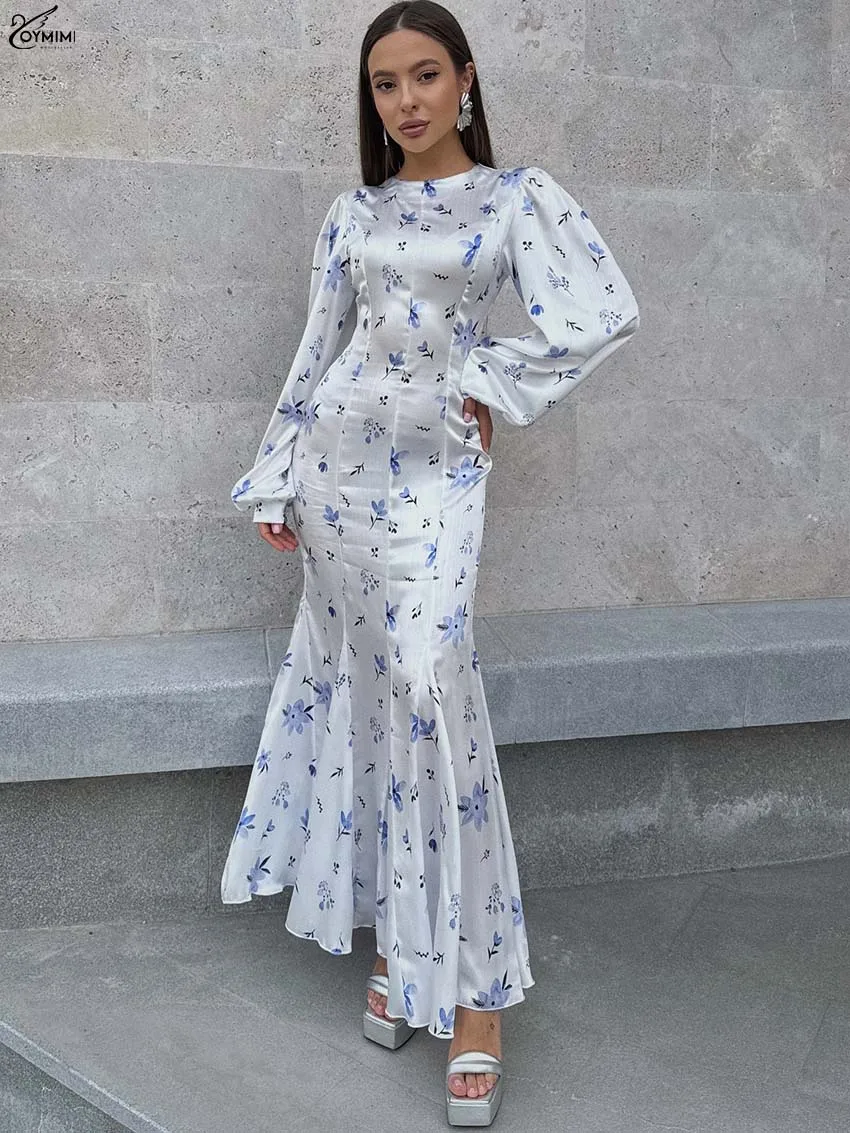

Oymimi Fashion White Print Womens Dresses Elegant O-Neck Long Sleeve Zipper Dresses Autumn Mermaid Ankle-Length Dress Streetwear