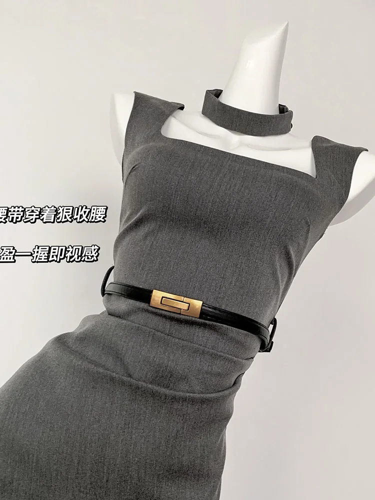 Grey Fashion Square Collar Sleeveless Slim Camisole Dress Autumn Women New Sashes Sexy Wrap Hip Gyaru Sheath One-Piece Frocks