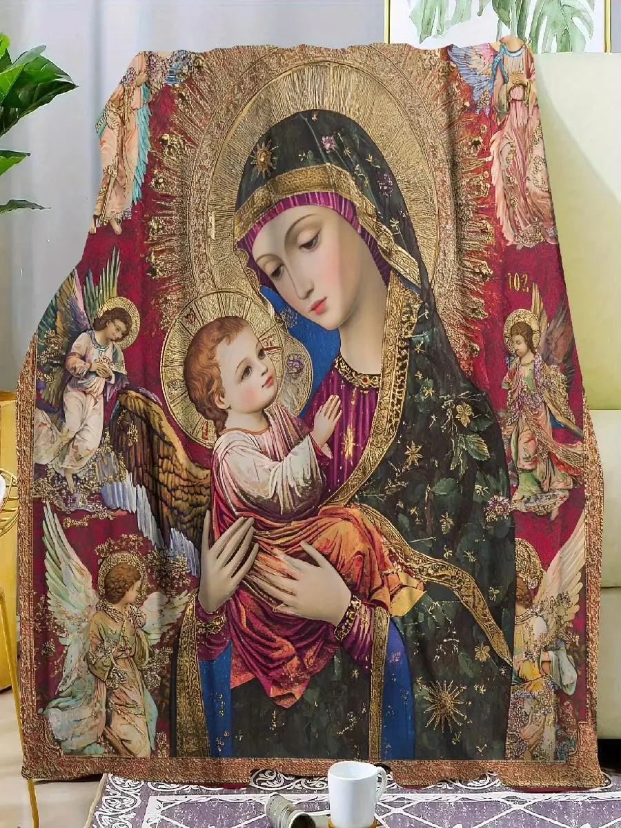 Vintage Madonna Blanket Sacred Religious Art Throw with Angels Soft Cozy for Spiritual Home Decor Warm Sofa Couch