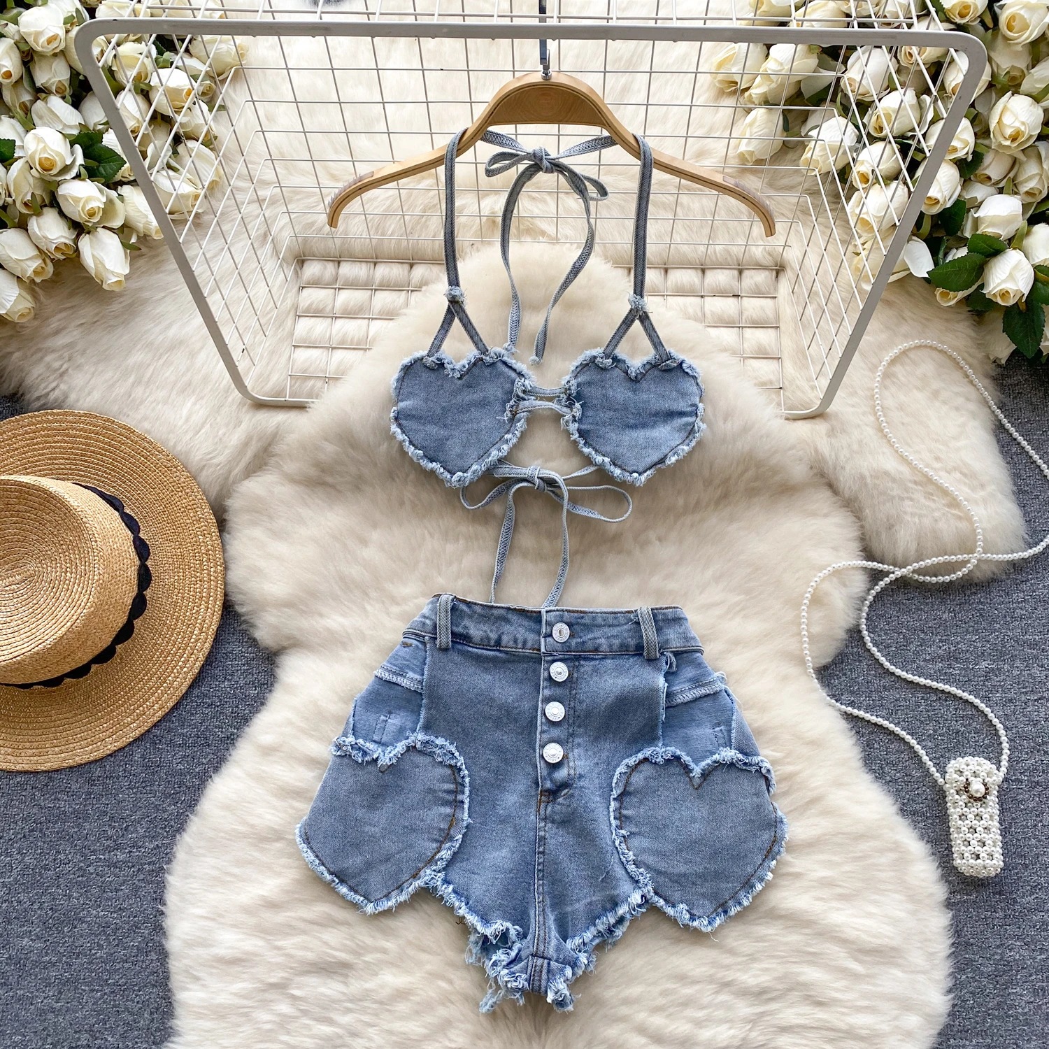 

American Hotsweet Sets Halter Sleeveless Backless Love Tops+High Waist Button Basics Shorts Fashion Sexy Denim Suits