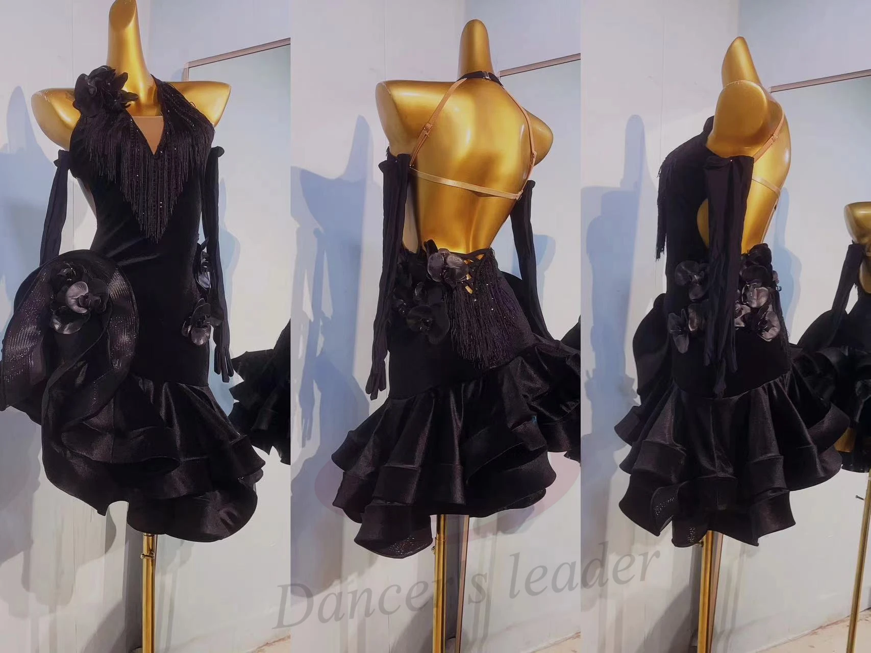 Latin Dance Competition Color Version High-end Custom Black Flower Big Wave Skirt Samba Performance Clothing Black Pool Dress