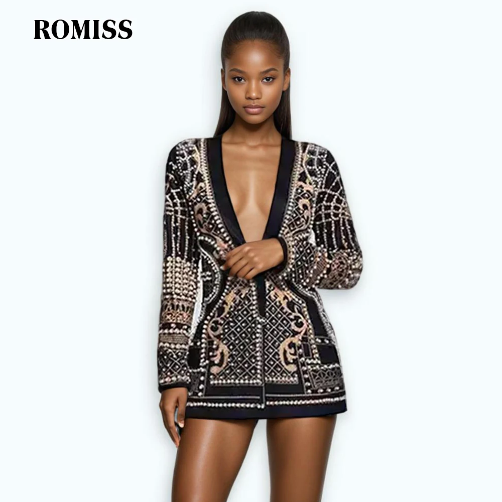 ROMISS Hit Color Printing Patchwork Pearls Loose Blazers For Women V Neck Long Sleeve Temperament Blazer Female Fashion Style