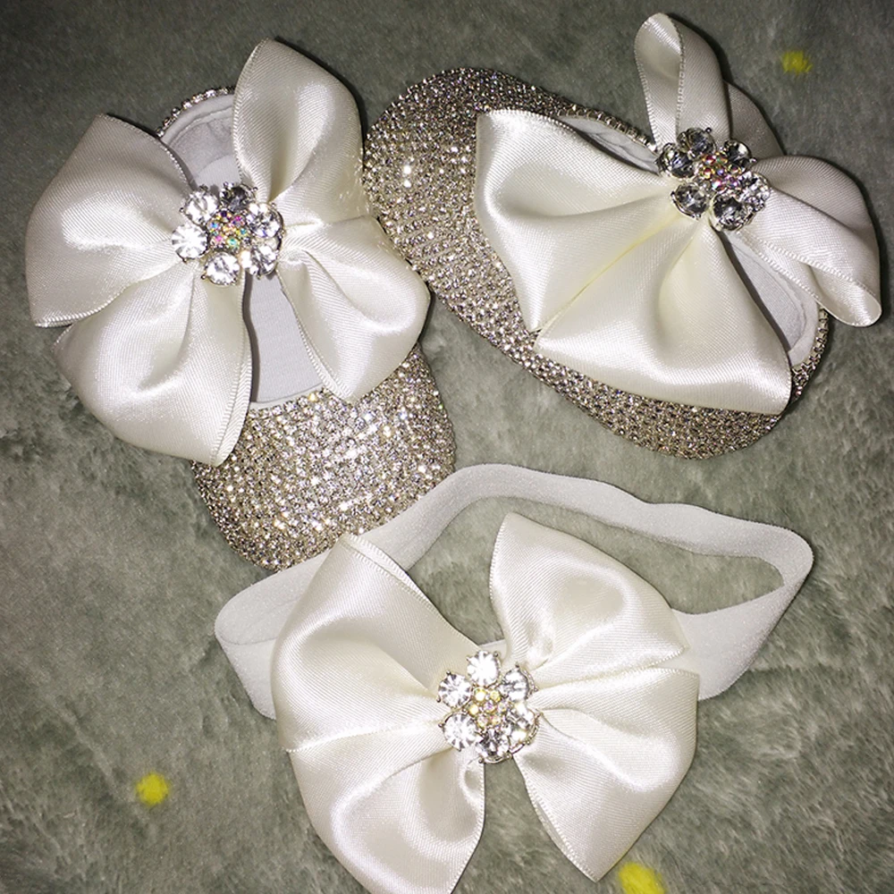 Handmade Bow Luxury Rhinestones Baby Girl Shoes Hairband First Walker Sparkle Bling Crystals Princess Shoes Shower Gift