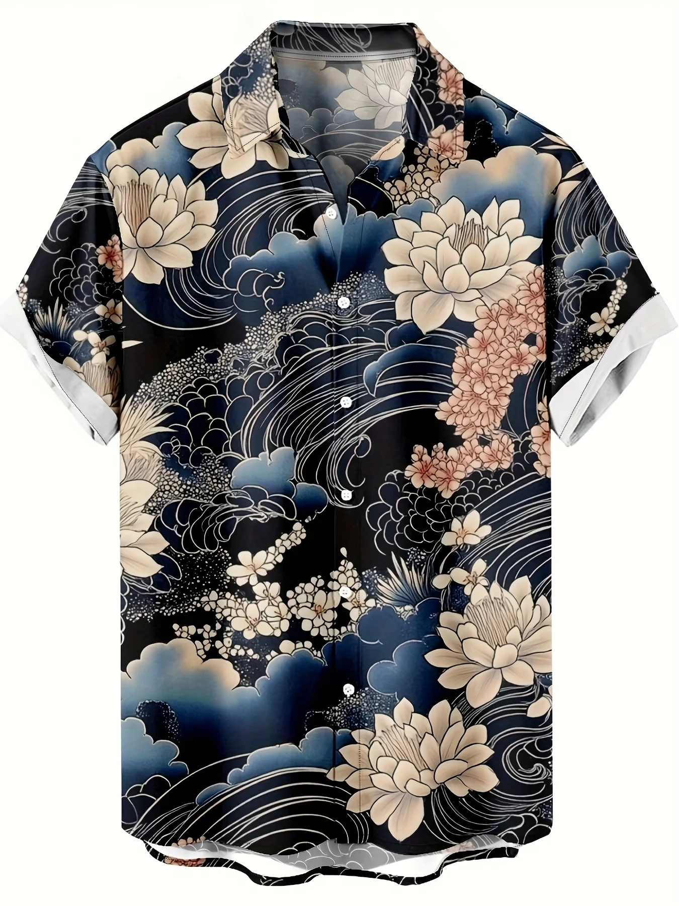 Men Short Sleeve Button Down Shirt Japanese Wave Lotus Floral Print Polyester Casual Holiday Blouse