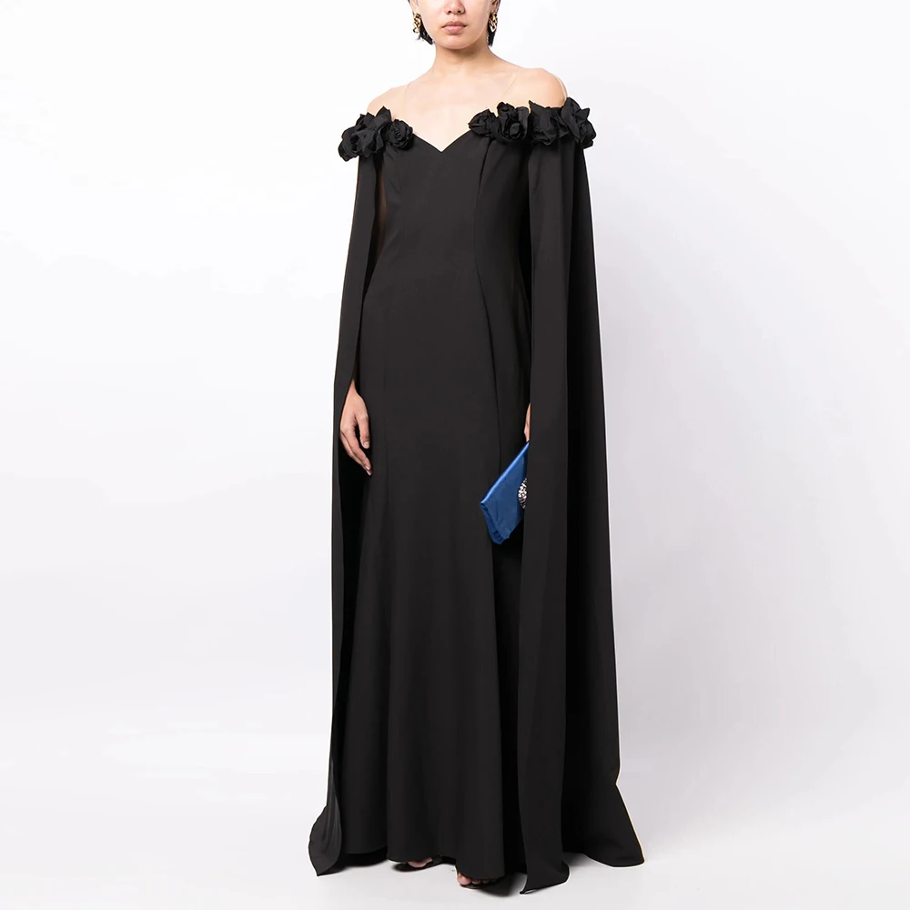 Women's Evening Gowns Classic Black Satin Handmade Flower Formal Dress Straight Off-the-shoulder 2024 Special Occasion Dresses