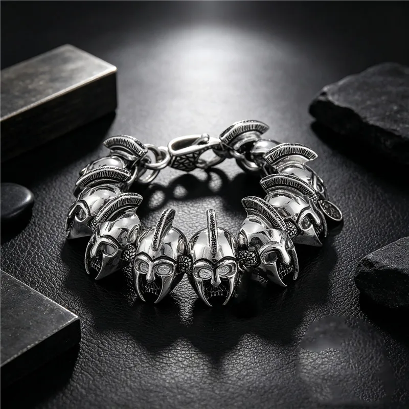 Kalen Vintage Spartan Skull Helmet Bracelet for Men Gothic Stainless Steel Warrior Link Accessory Punk Biker Party Jewelry Gift