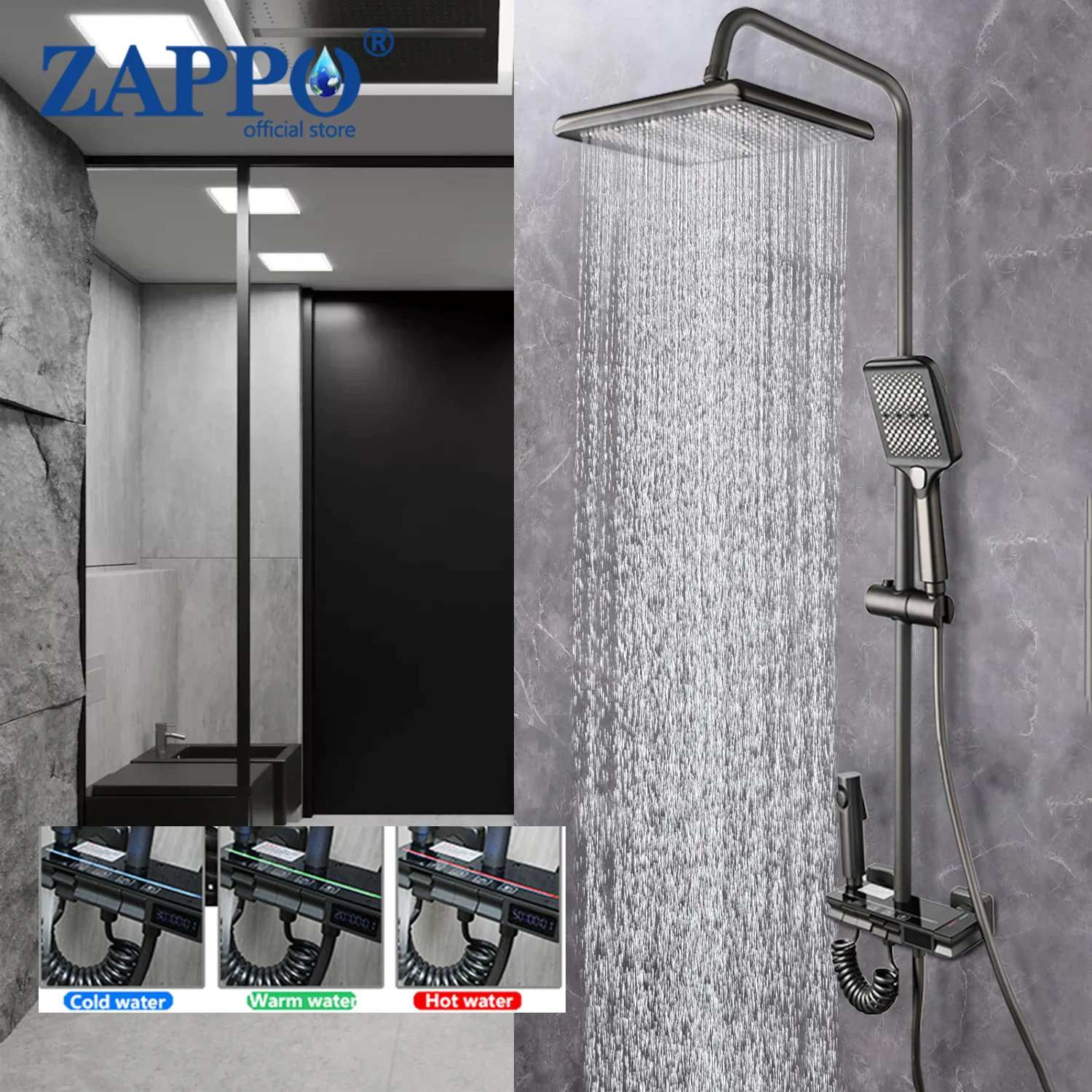 zappo led sistema de chuveiro display digital conjunto de banheiro funcoes chuveiro com chuveiro de chuva spray de mao 01