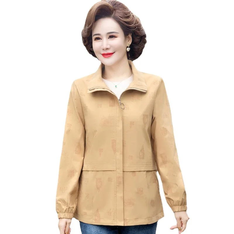 New Lady Spring Windbreak Casual Coat Elegant 40-50 Year Old Middle-Aged Women\'S Loose Print Zipper Jacket