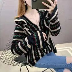 Female Floral Embroidery Ruffles Knitted Sweaters Autumn Winter Loose Patchwork Korean All-match V-Neck Jumpers Standard Tops