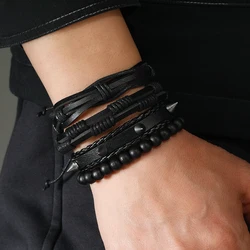 4pcs black leather braided bracelets Punk spike bracelet for men women