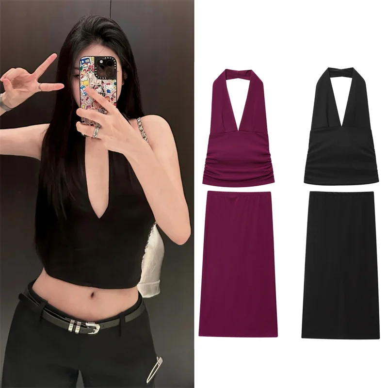 

Women's Suit New Summer 2025 Solid Color Halterneck Collar Pleated Top Stretch Midi Skirt Set Sexy and Fashionable Elegant