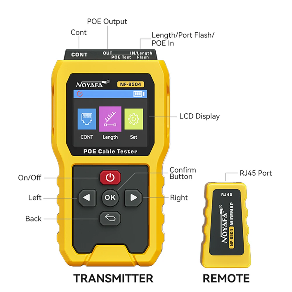 Noyafa NF-8504 تستر rj45 LCD شبكة كابل تستر PoE مدقق مضمنة الجهد فاحص التيار الكهربائي مع كابل تستر Lan تستر سلك