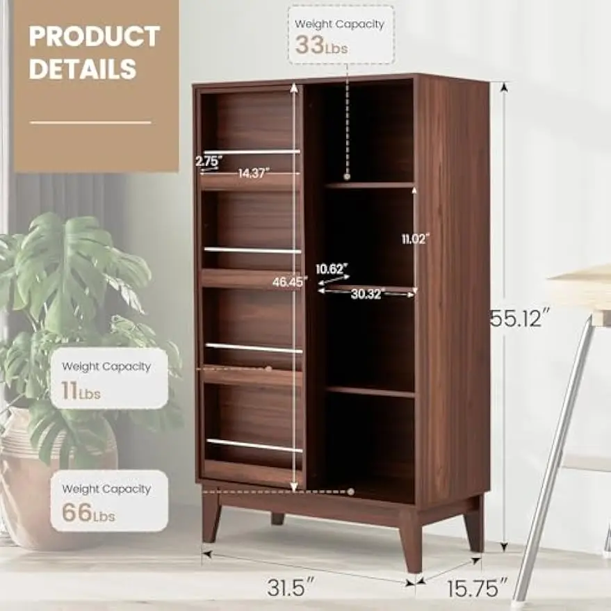 

55’’ Tall Bookshelf with Sliding Door and 4 Tier Magazine Rack, 4 Shelf Modern Bookcase with Sturdy Legs, Wooden Storage Cabinet