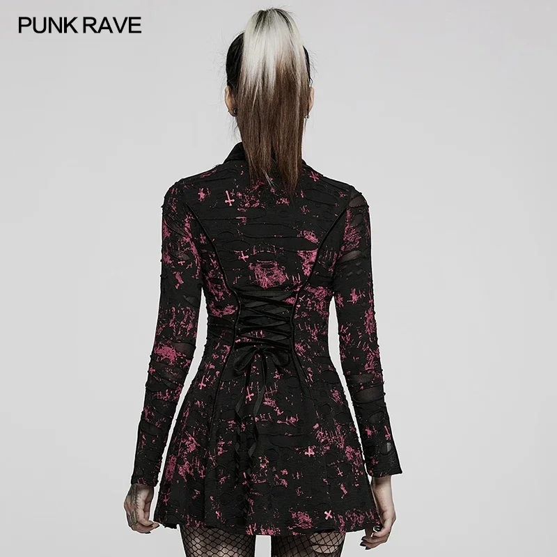 PUNK RAVE abito stampato gotico elastico strappato lavorato a maglia Goth abbigliamento donna colletto a punta coulisse regolare il Design del