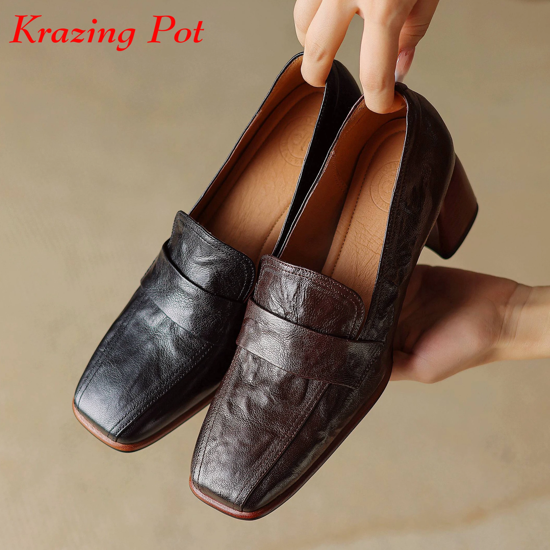 Krazing Pot Sheep Leather Thick High Heels Spring Casual Concise Style Vintage Design Slip On British School Pleated Women Pumps