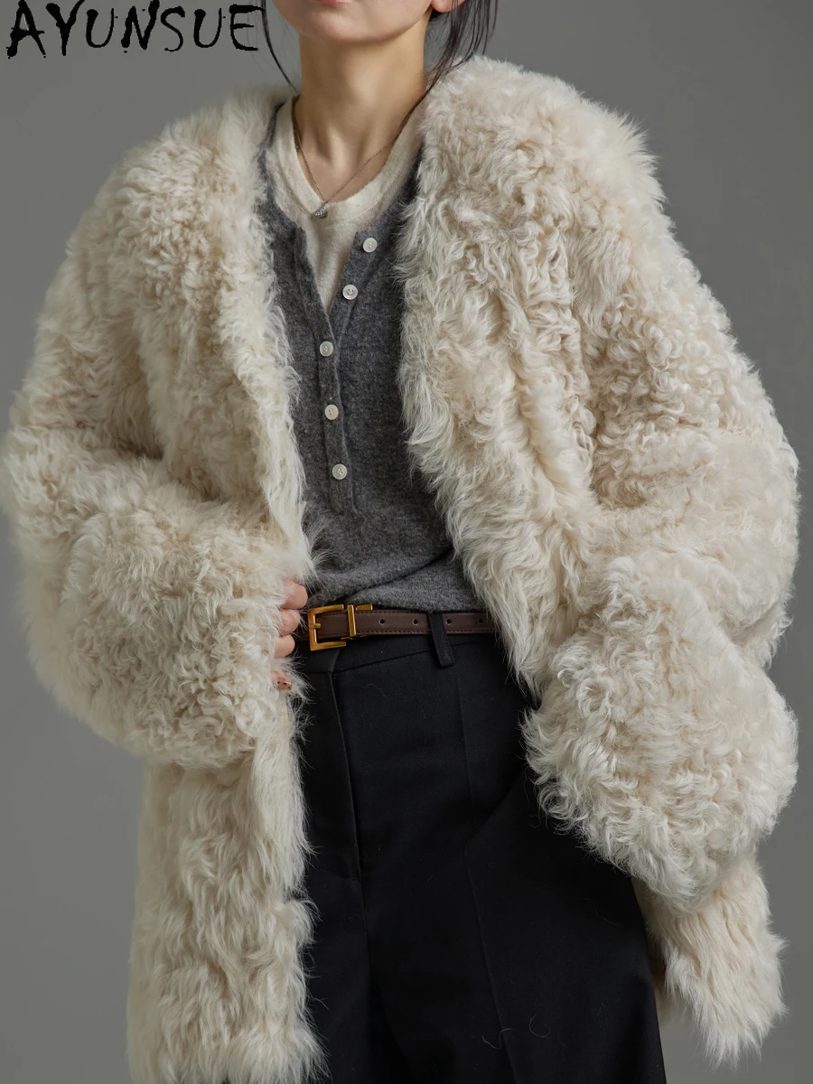 AYUNSUE 천연 양피 모피 코트 여성 중간 길이 진짜 가죽 자켓 여성 겨울 의류 2025 럭셔리 v 넥 Шуба Женская
