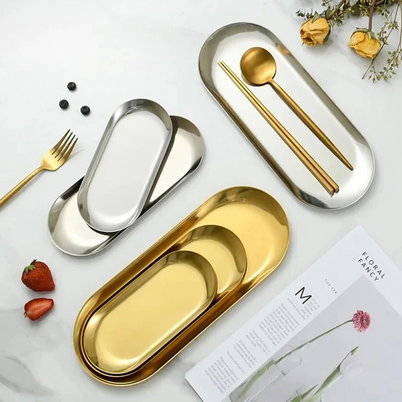 Stainless Steel Jewelry Storage Tray Metal Cosmetic Storage Oval Cake Fruit Dessert Tray Snack Plate Kitchen Organizer MultiSize