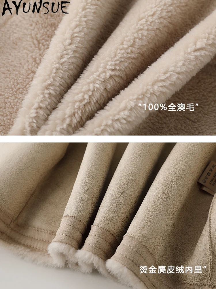 AYUNSUE 100% Naturalna Wełna Damska Kurtka 2025 Jesień Zima Elegancka Kurtka z Jagnięcym Futrem Odzież Damska Wysokiej Jakości Abrigo Mujer