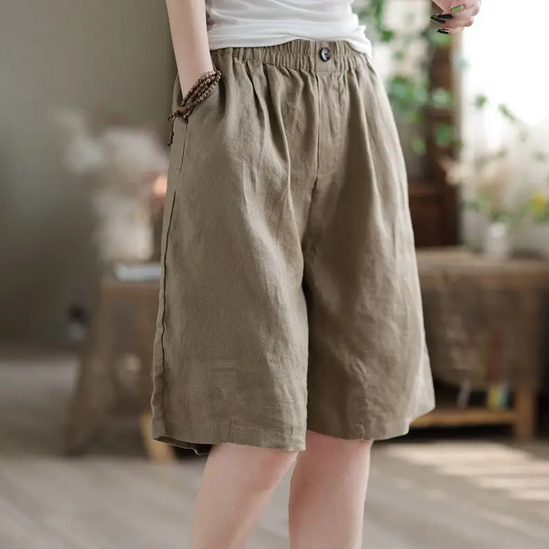 

Women Summer Simplicity Loose Cotton and Linen High Waist Wide Leg Women Clothes Casual All-match Appear Thin Shorts A345